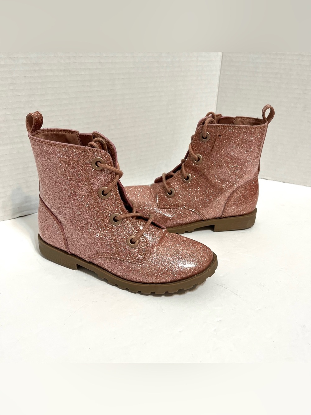 Girls' Glitter Lace-Up Ankle Boots in Rose Pink Side Zipper Size 11 Old Navy